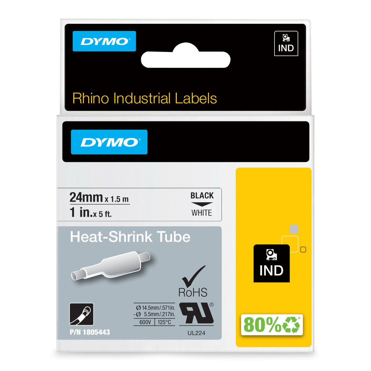 Dymo Tape Rhino 24 mm x 1.5m shrink tube bl/wh – Labeltape (billede 1)