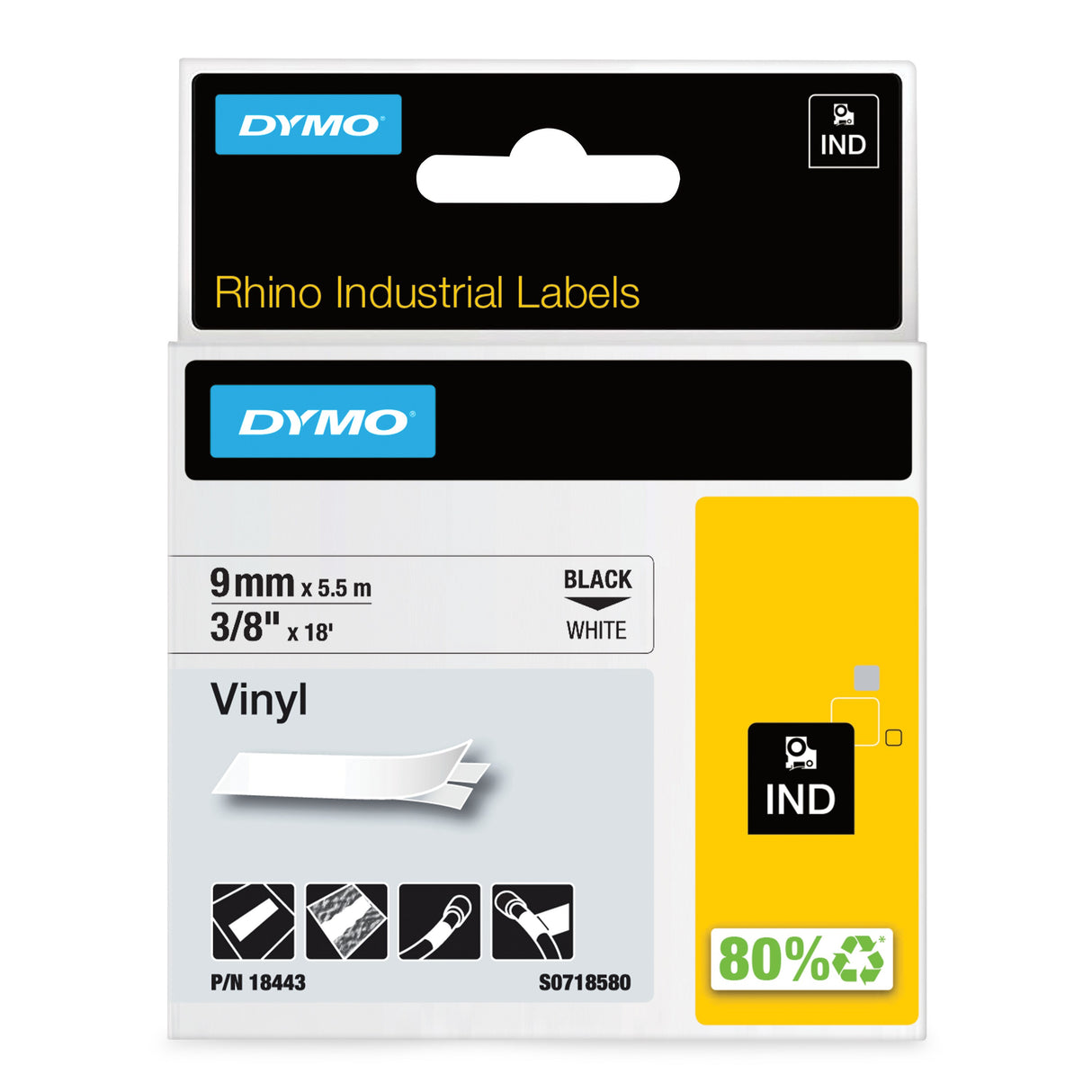 Dymo Tape Rhino 9mmx5,5m vinyl black/white – Labeltape (billede 1)