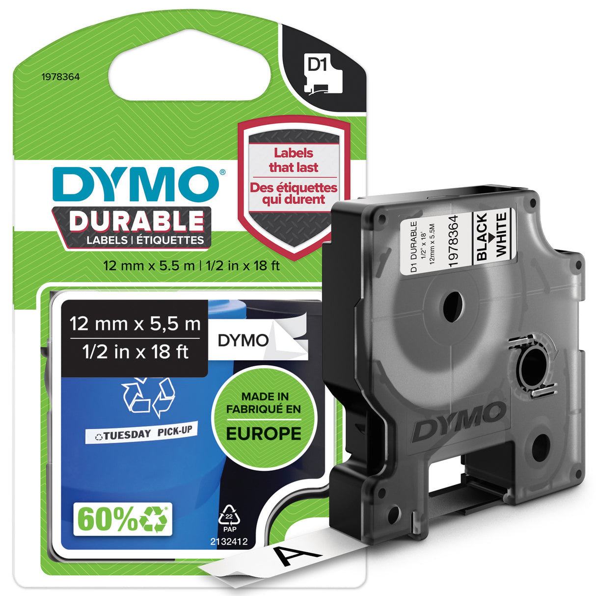 Dymo Tape D1 Extra Strong 12mmx5,5m bl/white – Labeltape (billede 1)