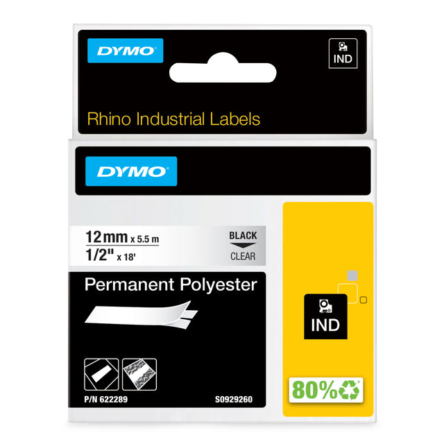 Dymo Tape Rhino 12mmx5,5m perm polyest bl/clear – Labeltape (billede 1)