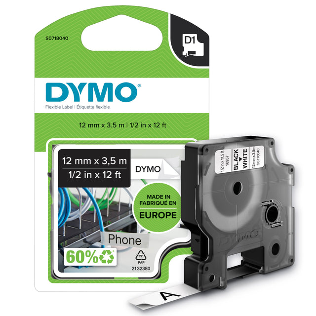 Dymo Tape D1 12mmx3,5m perm nylon black/white – Labeltape (billede 1)