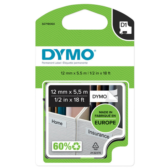 Dymo Tape D1 12mmx5,5m perm polyest bl/whi – Labeltape (billede 1)