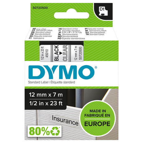 Dymo Tape D1 12mmx7m black/clear – Labeltape (billede 1)