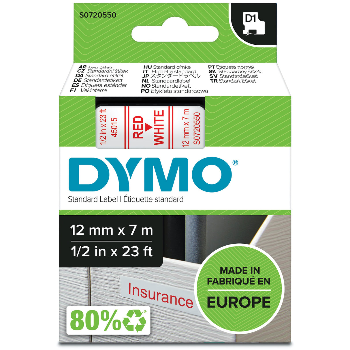 Dymo Tape D1 12mmx7m red/white – Labeltape (billede 1)