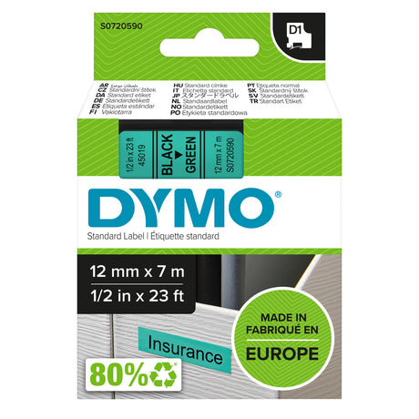 Dymo Tape D1 12mmx7m black/green – Labeltape (billede 1)