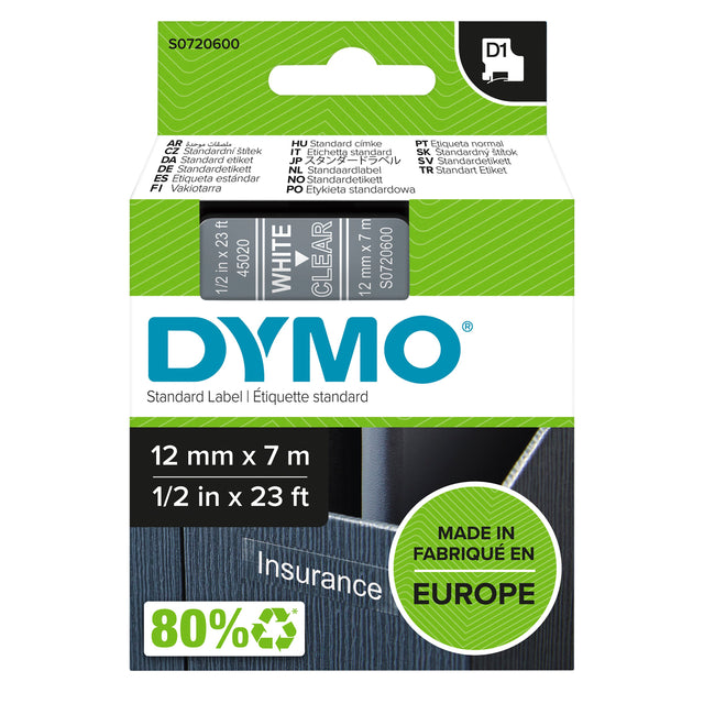 Dymo Tape D1 12mmx7m white/clear – Labeltape (billede 1)