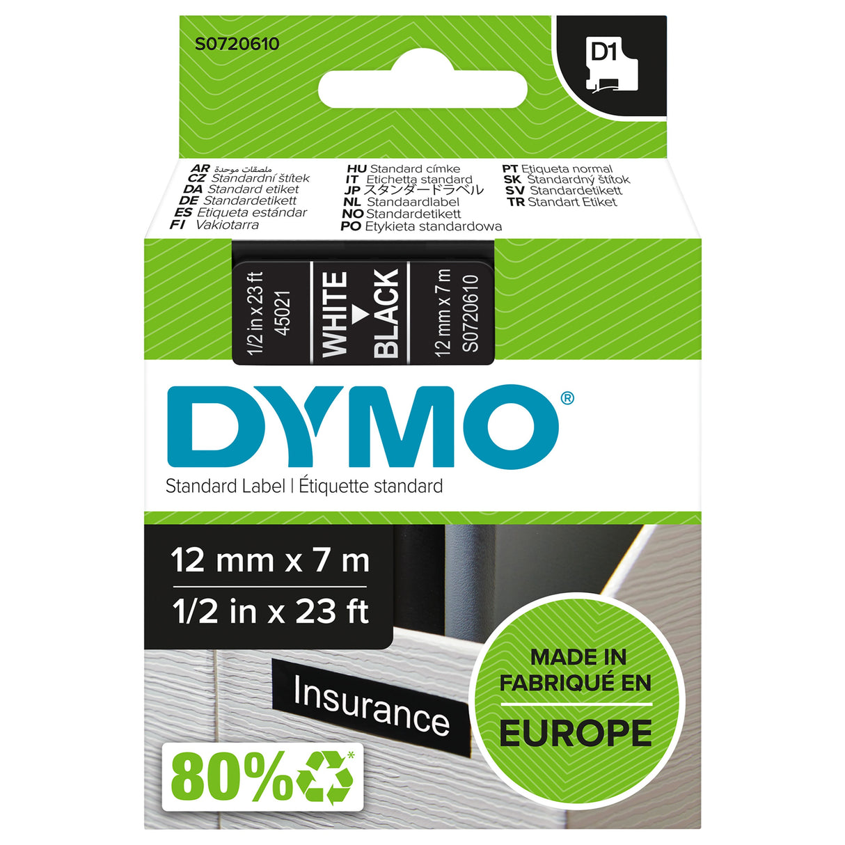 Dymo Tape D1 12mmx7m white/black – Labeltape (billede 1)
