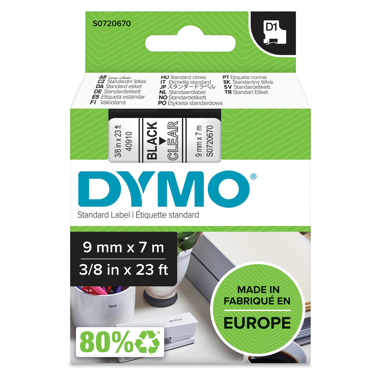 Dymo Tape D1 9mmx7m black/clear – Labeltape (billede 1)