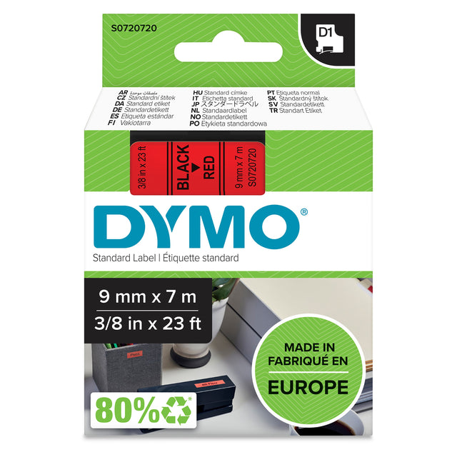 Dymo Tape D1 9mmx7m black/red – Labeltape (billede 1)