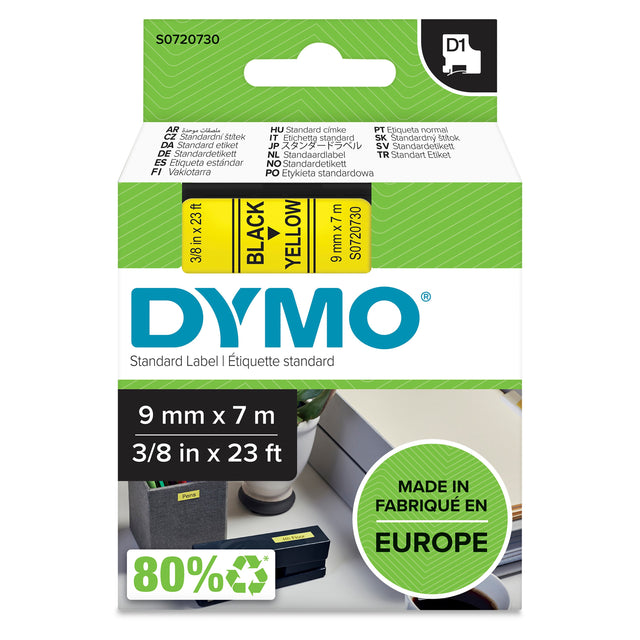 Dymo Tape D1 9mmx7m black/yellow – Labeltape (billede 1)