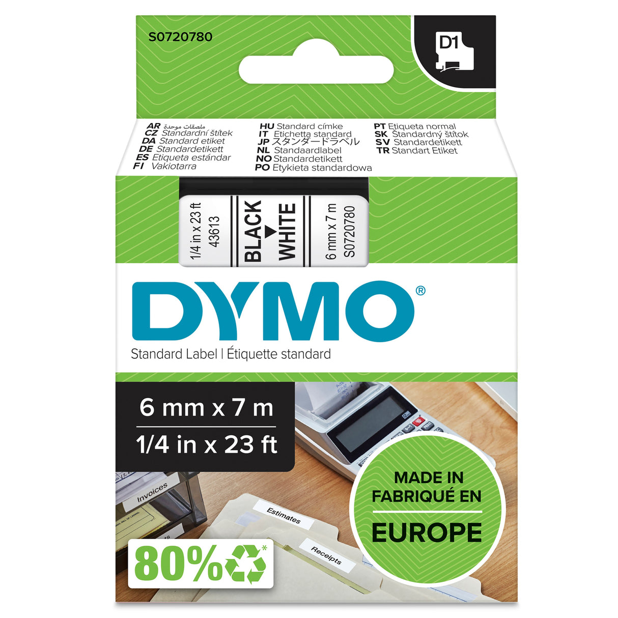 Dymo Tape D1 6mmx7m black/white – Labeltape (billede 1)