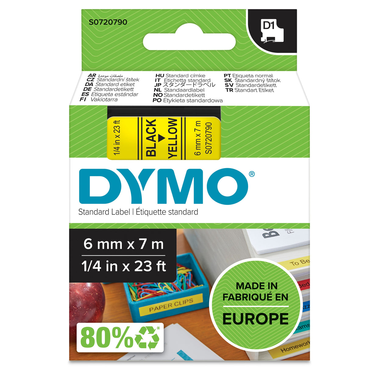Dymo Tape D1 6mmx7m black/yellow – Labeltape (billede 1)