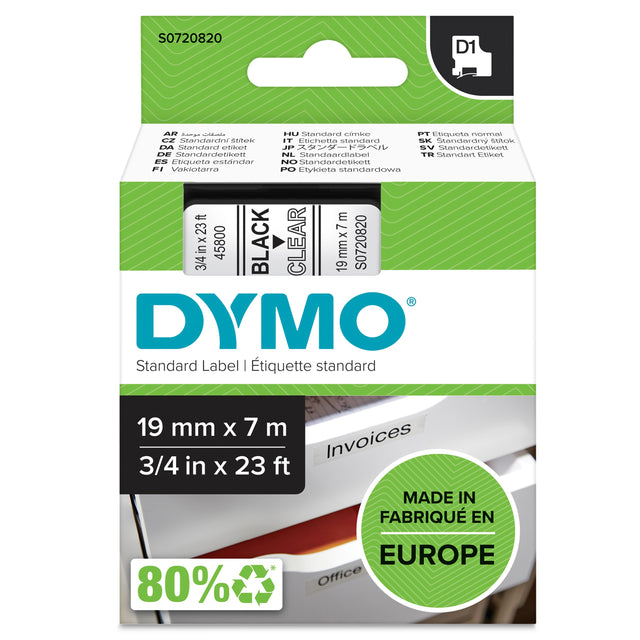Dymo Tape D1 19mmx7m black/clear – Labeltape (billede 1)
