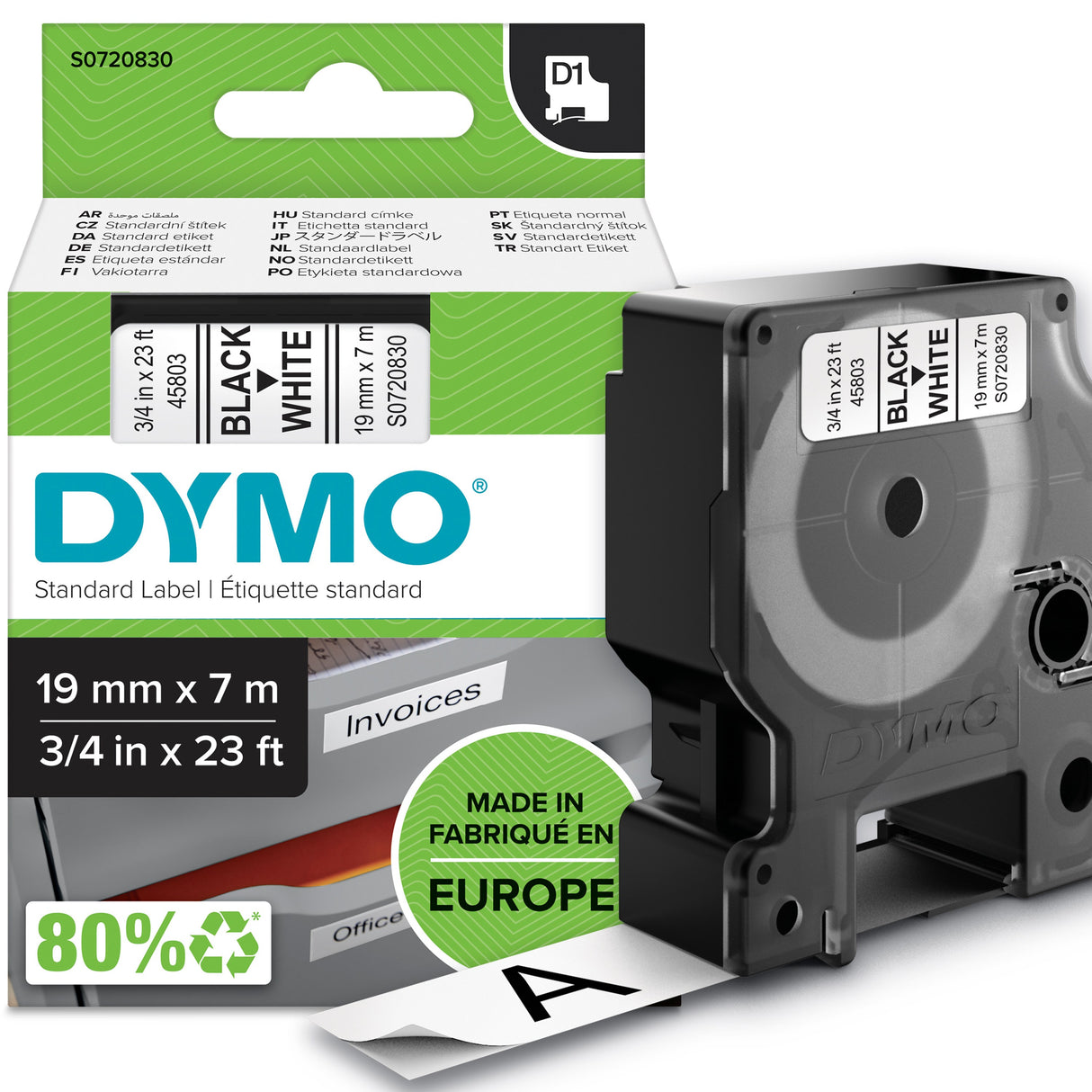 Dymo Tape D1 19mmx7m black/white – Labeltape (billede 1)