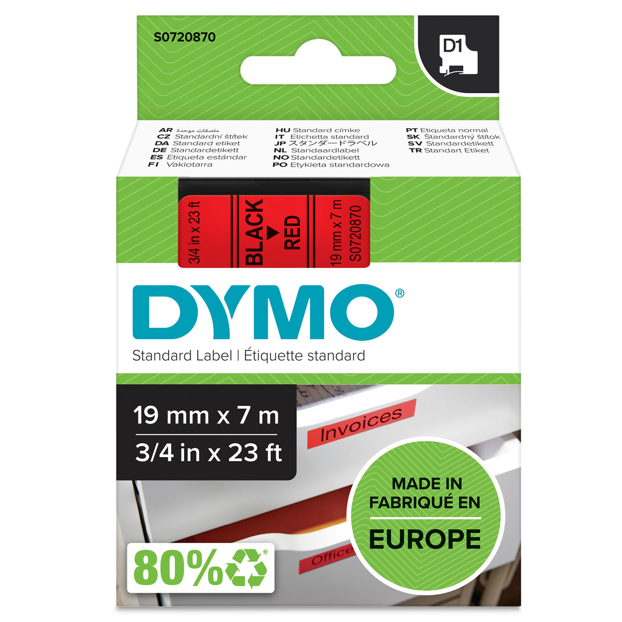 Dymo Tape D1 19mmx7m black/red – Labeltape (billede 1)