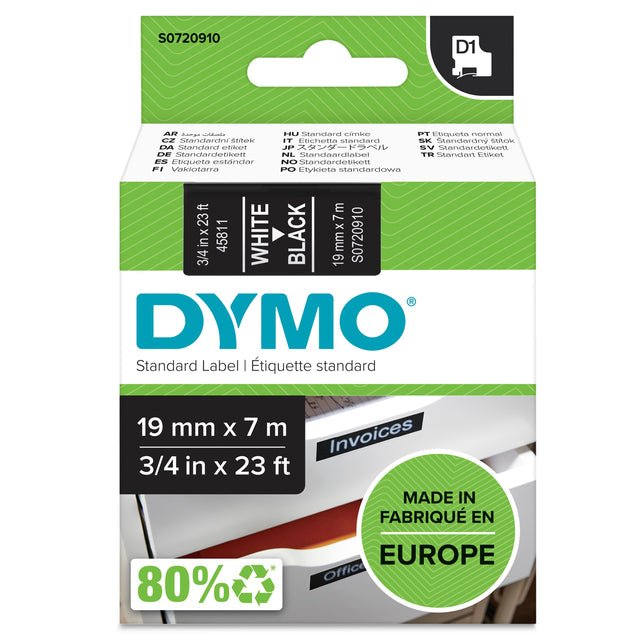 Dymo Tape D1 19mmx7m white/black – Labeltape (billede 1)