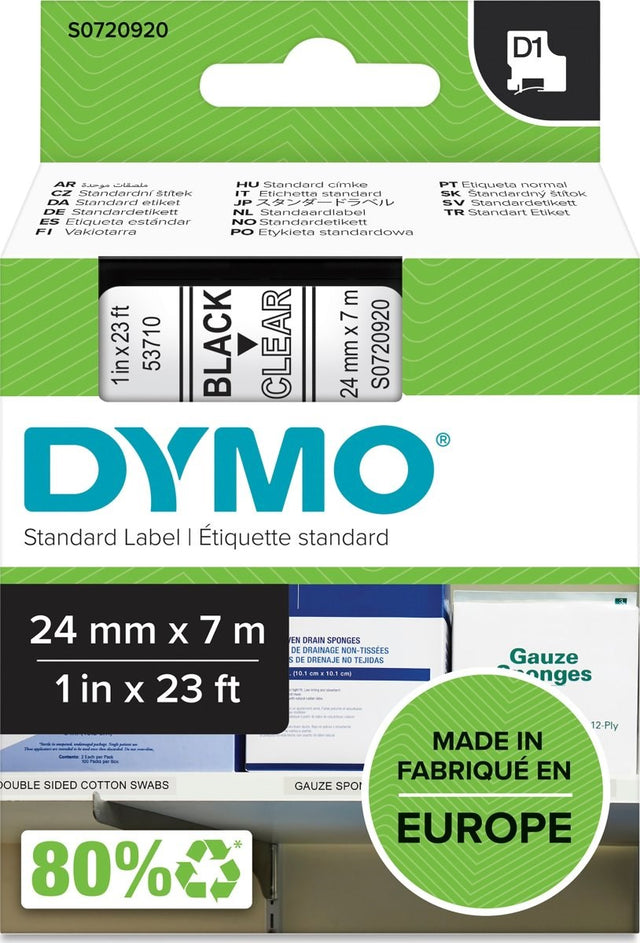 Dymo Tape D1 24mmx7m black/clear – Labeltape (billede 1)