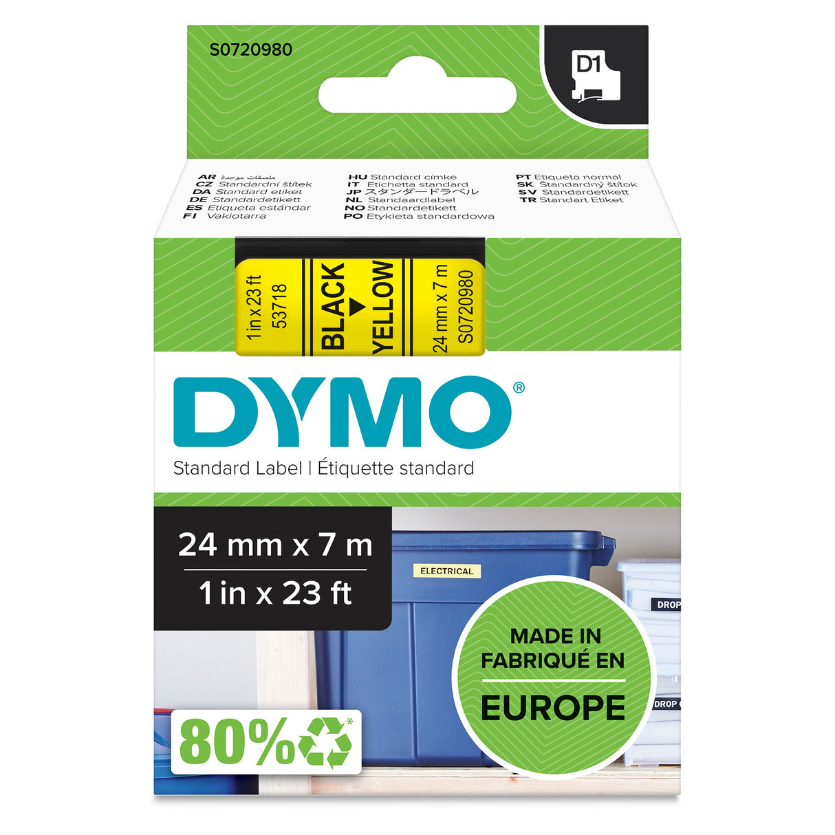 Dymo Tape D1 24mmx7m black/yellow – Labeltape (billede 1)