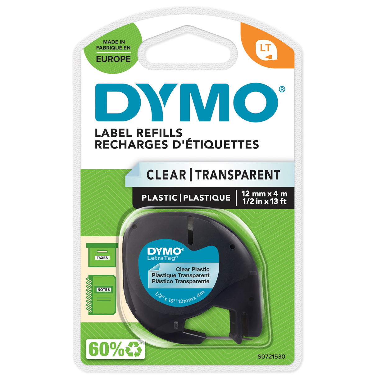 Dymo Tape LetraTag plastic 12mmx4m clear – Labeltape (billede 1)