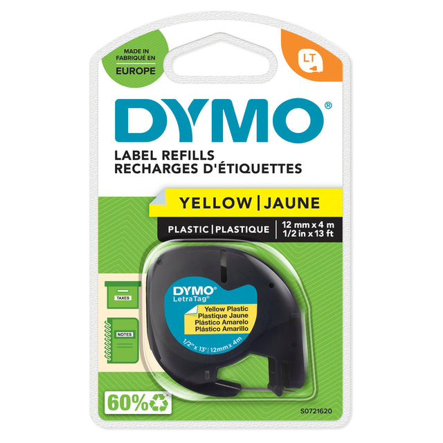 Dymo Tape LetraTag plastic 12mmx4m yellow – Labeltape (billede 1)
