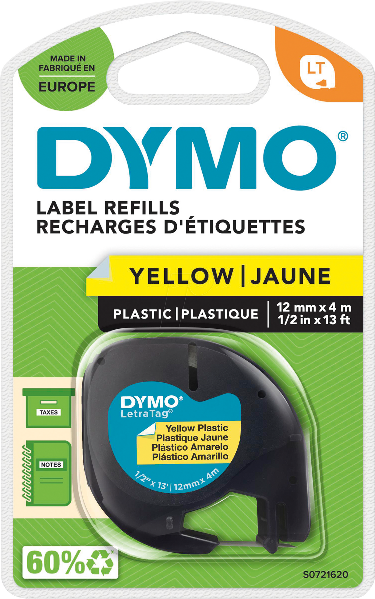 Dymo Tape LetraTag plastic 12mmx4m yellow – Labeltape (billede 2)