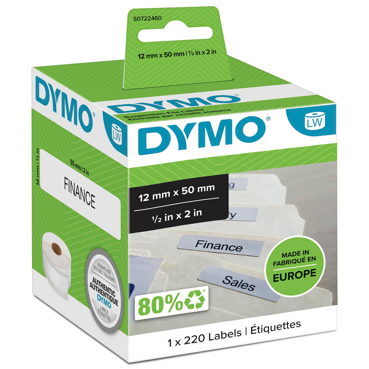 Dymo Etiket til hængemapper 12x50 permanent hvid (220) – Etiketter & labels (billede 1)