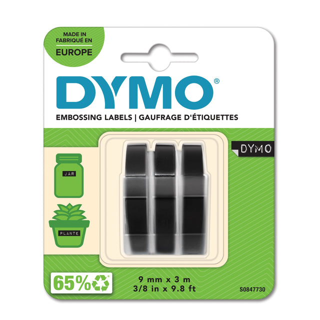 Dymo Tape Embosser 9mm x 3m black, 3-pack – Labeltape (billede 1)