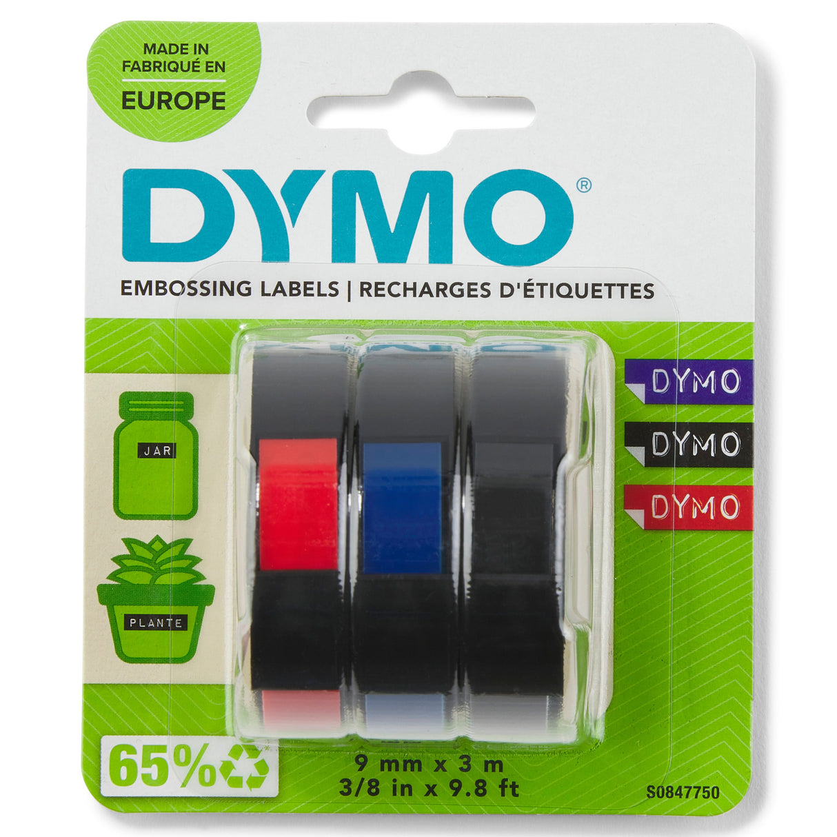 Dymo Tape Embosser 9mm x 3m (red/blue/black),3-pack – Labeltape (billede 1)