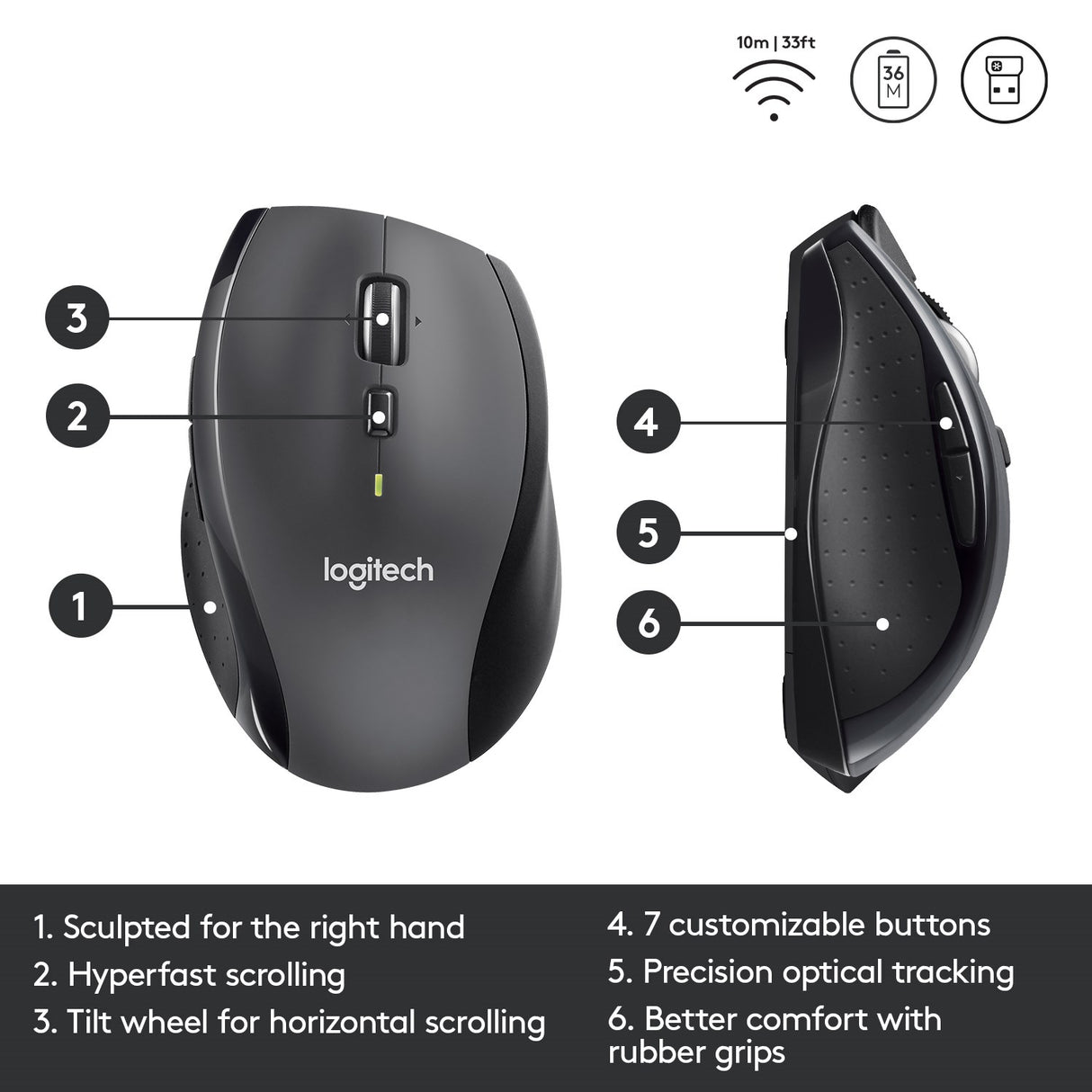 Logitech Marathon M705 Wireless Mouse, Charcoal – Trådløse mus (billede 4)