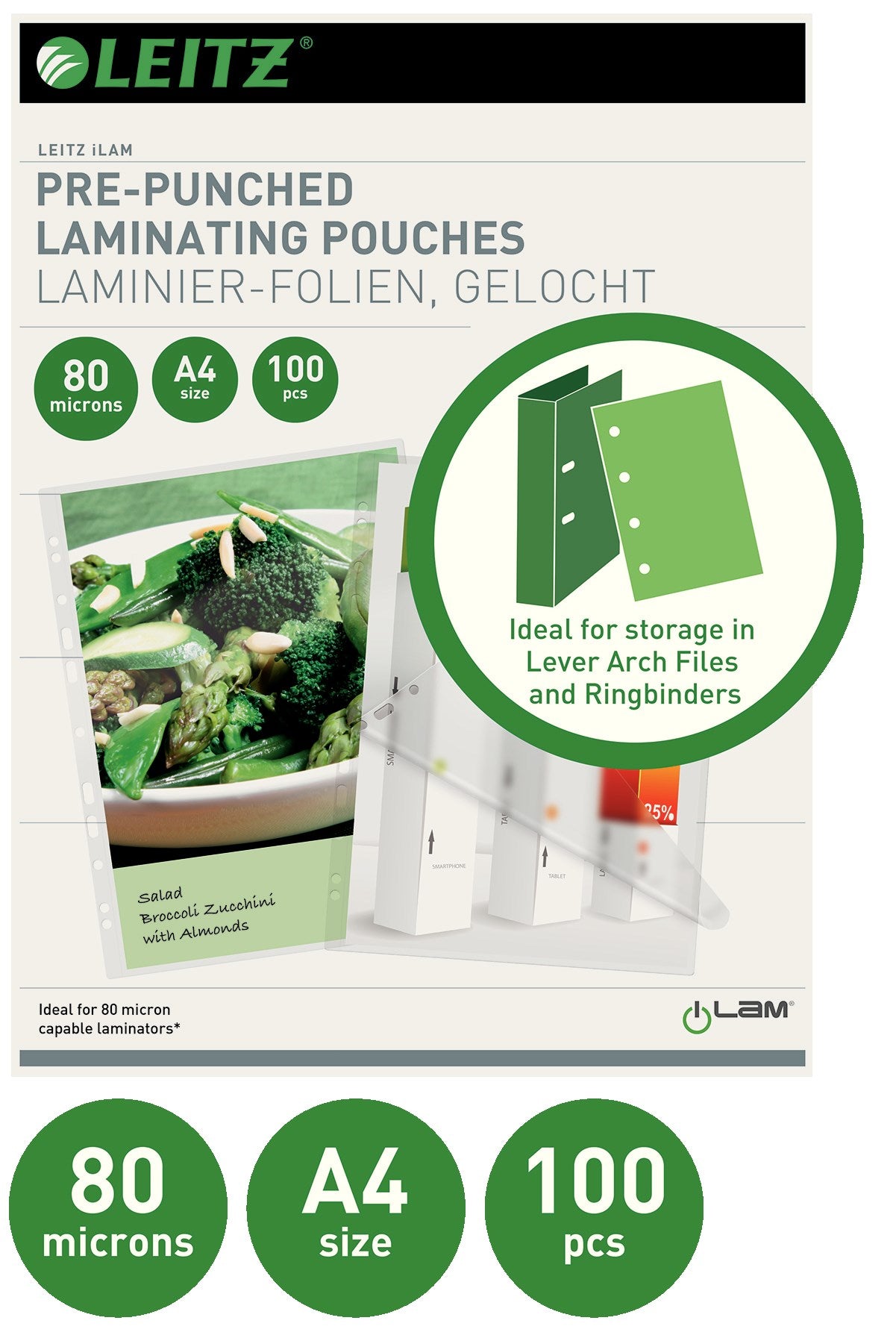 Leitz Lamineringslomme forhullet 80my A4 (100) – Laminering & tilbehør (billede 2)