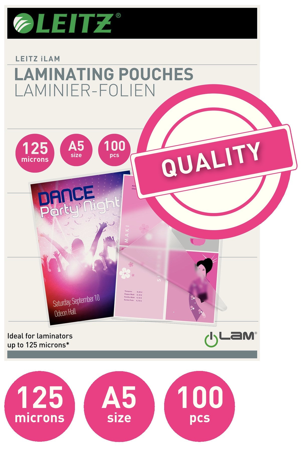 Leitz Lamineringslomme glans 125my A5 (100) – Laminering & tilbehør (billede 2)