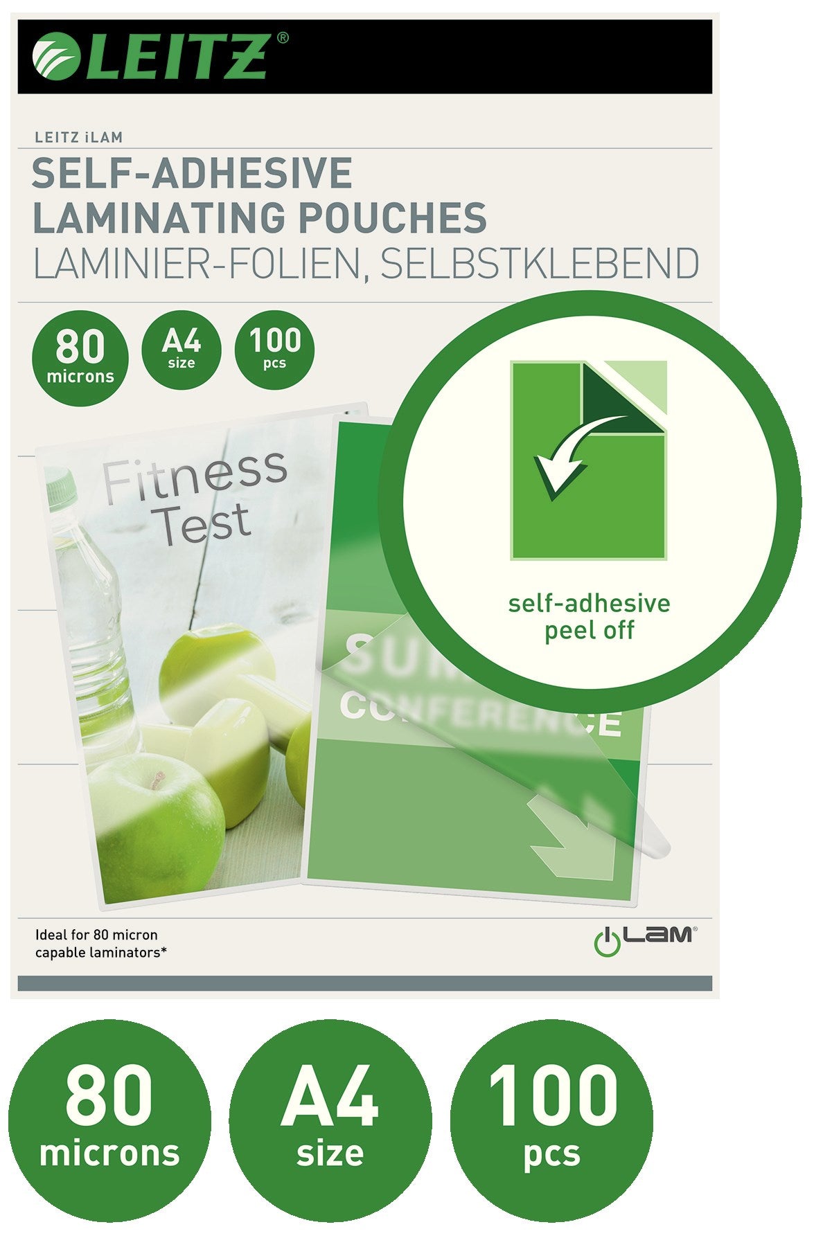 Leitz Lamineringslomme selvklæb 80my A4 (100) – Laminering & tilbehør (billede 2)
