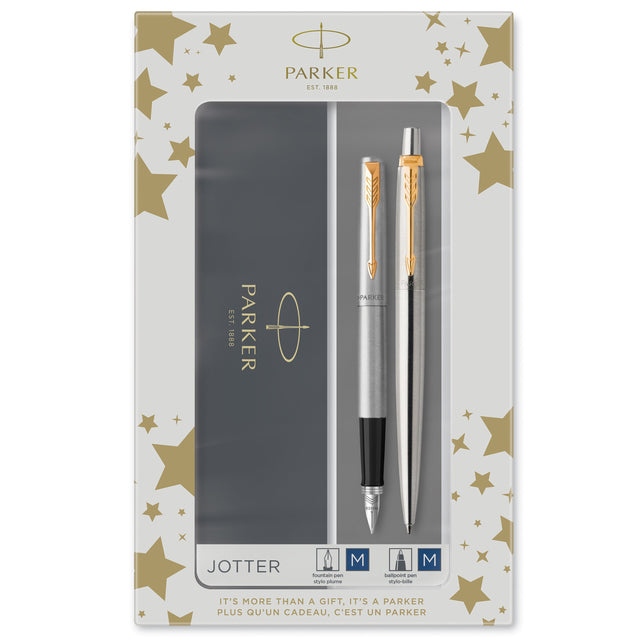 Parker Duosæt Jotter 77% recycled GT kuglepen+fyldepen sølv (billede 1)