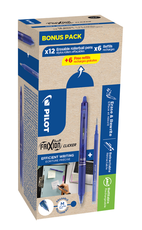 Frixion Clicker m/klik 0,7 bonuspak blå 12 pen + 12 refiller