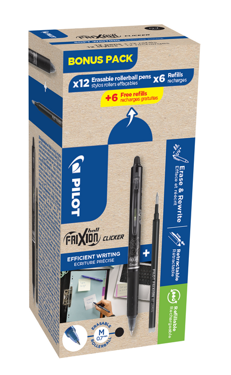 Frixion Clicker m/klik 0,7 bonuspak sort 12 pen + 12 refille