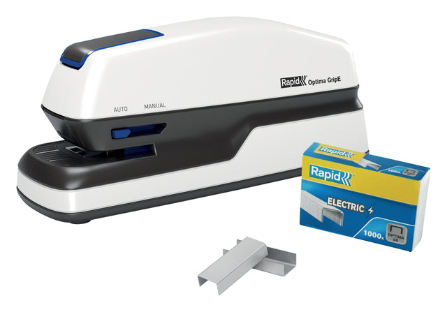 Rapid Hæftemaskine elektrisk Optima GripE t/20ark hvid – Hæftemaskiner (billede 1)