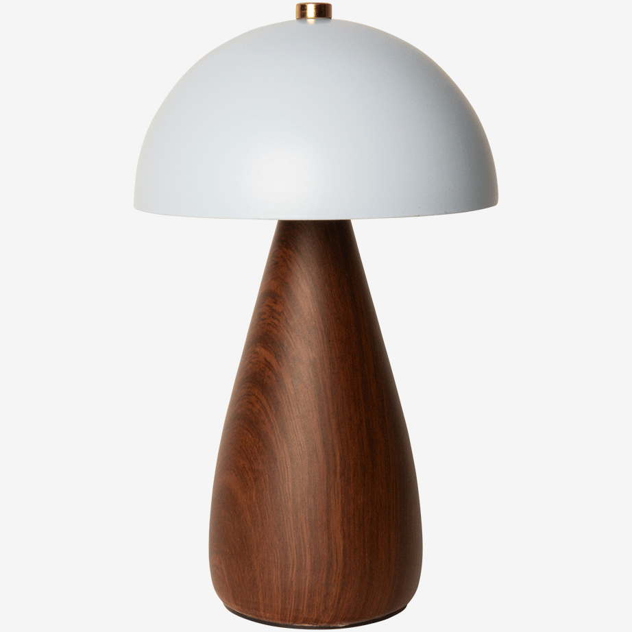 Mushroom LED lampe, Lyseblå / teak look