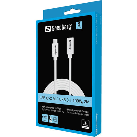 Sandberg USB-C>C M-F USB 3.1 100W, 2M – USB-C kabler (billede 2)