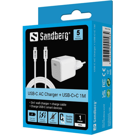 Sandberg USB-C AC Charger +USB-C>C 1M – Ladere m/kabel - 2.1/2.4Amp (billede 4)