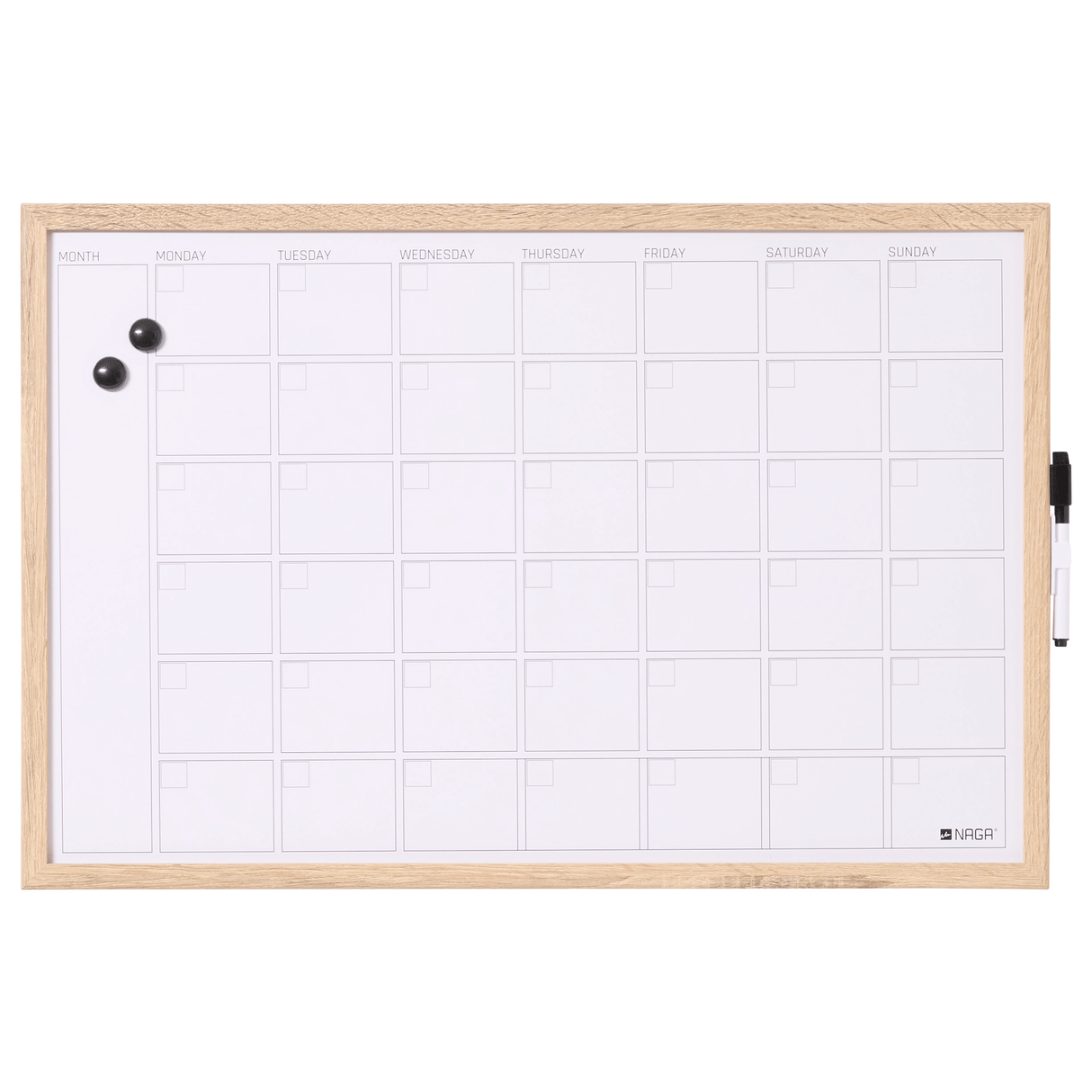 Naga A/S 60 x 40 cm. Whiteboard månedstavle, Træramme, Engelsk – Planlægningstavler (billede 1)