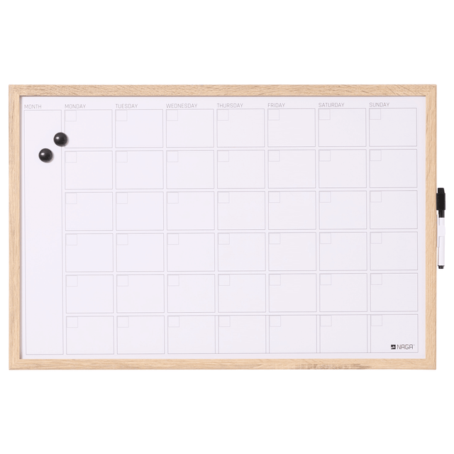 Naga A/S 60 x 40 cm. Whiteboard månedstavle, Træramme, Engelsk – Planlægningstavler (billede 1)