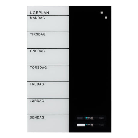 Sort og hvid ugeplan | 40 x 60 cm. Glas uge tavle Dansk  | Officely