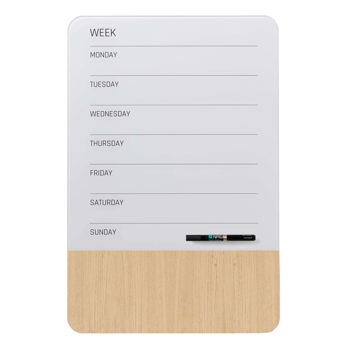 Glas og eg ugetavle | 40 x 60 cm. Glas/Egefiner Magnetisk uge tavle Engelsk  | Officely