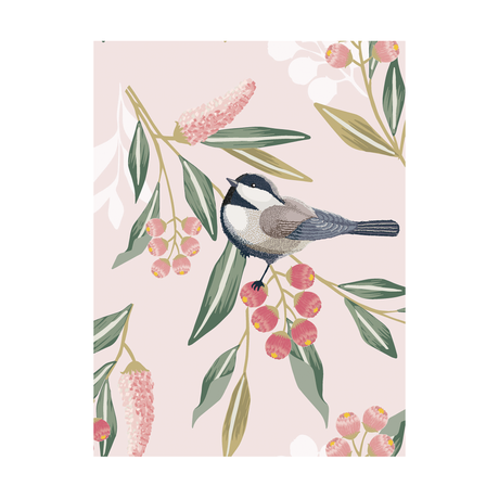Plakat "Fugle og blomster" Rosa. 30 x 40 cm.